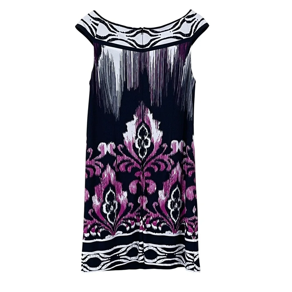Adrianna Papell Black White Women Sheath Dress 14 Purple Abstract Damask Print